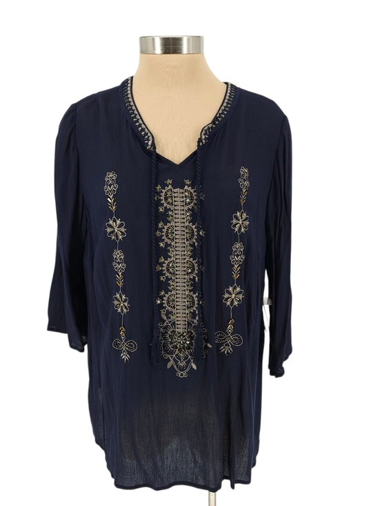 Catherines Tops - Catherines Shirt Navy Blue Embroidered Beaded 3/4 Sleeve Tassel VNeck Top 0X